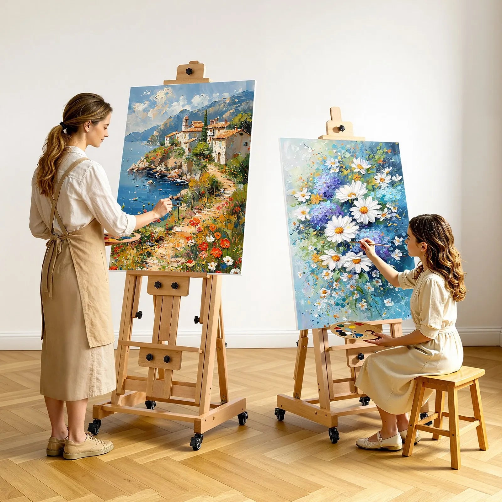 Studio H-Frame Art Easel for 1 or 2 Canvases up to 78.74" – Adjustable Beech Wood Easel with Swivel Wheels