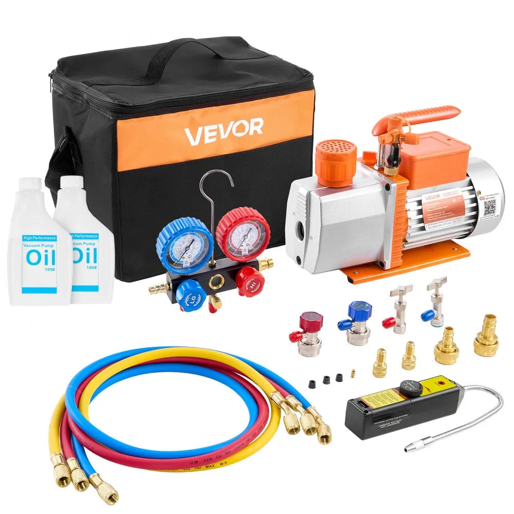 VEVOR AC Vacuum Pump and Gauge Set, 7 CFM 3/4 HP, Two Stage Rotary Vane HVAC Vacuum Pump, A/C Manifold Gauge Kit, for R134a R22 R410a, with Leak Detector Carry Bag Hose, for Auto HVAC Air Conditioning