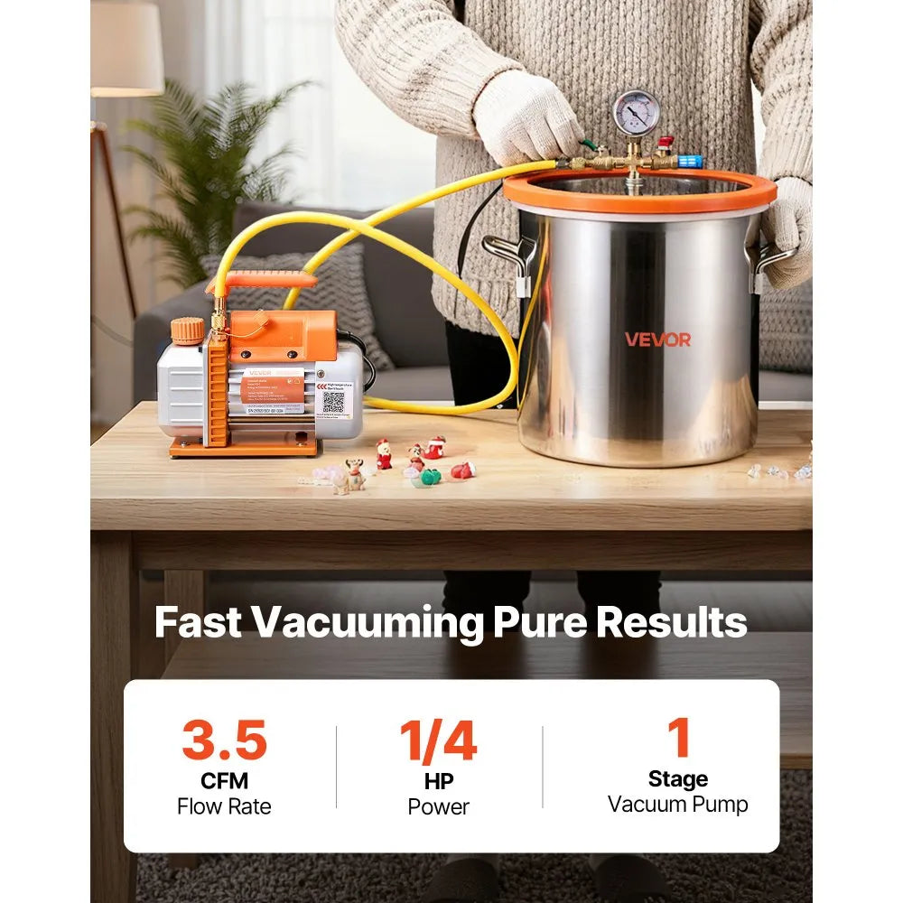 VEVOR 5 Gallon Vacuum Chamber with Pump, 3.5 CFM, Single Stage Vacuum Pump, Stainless Steel Degassing Chamber Kit with Tempered Glass Lid, 5 ft Hose, for Stabilizing Wood Degassing Silicone Resin