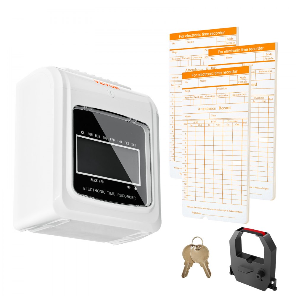 VEVOR Punch Time Clock, Time Tracker Machine for Employees of Small Business, 6 Punches per Day, Time Clock Punch Machine Includes 102 Time Cards, 1 Ink Ribbon and 2 Security Keys