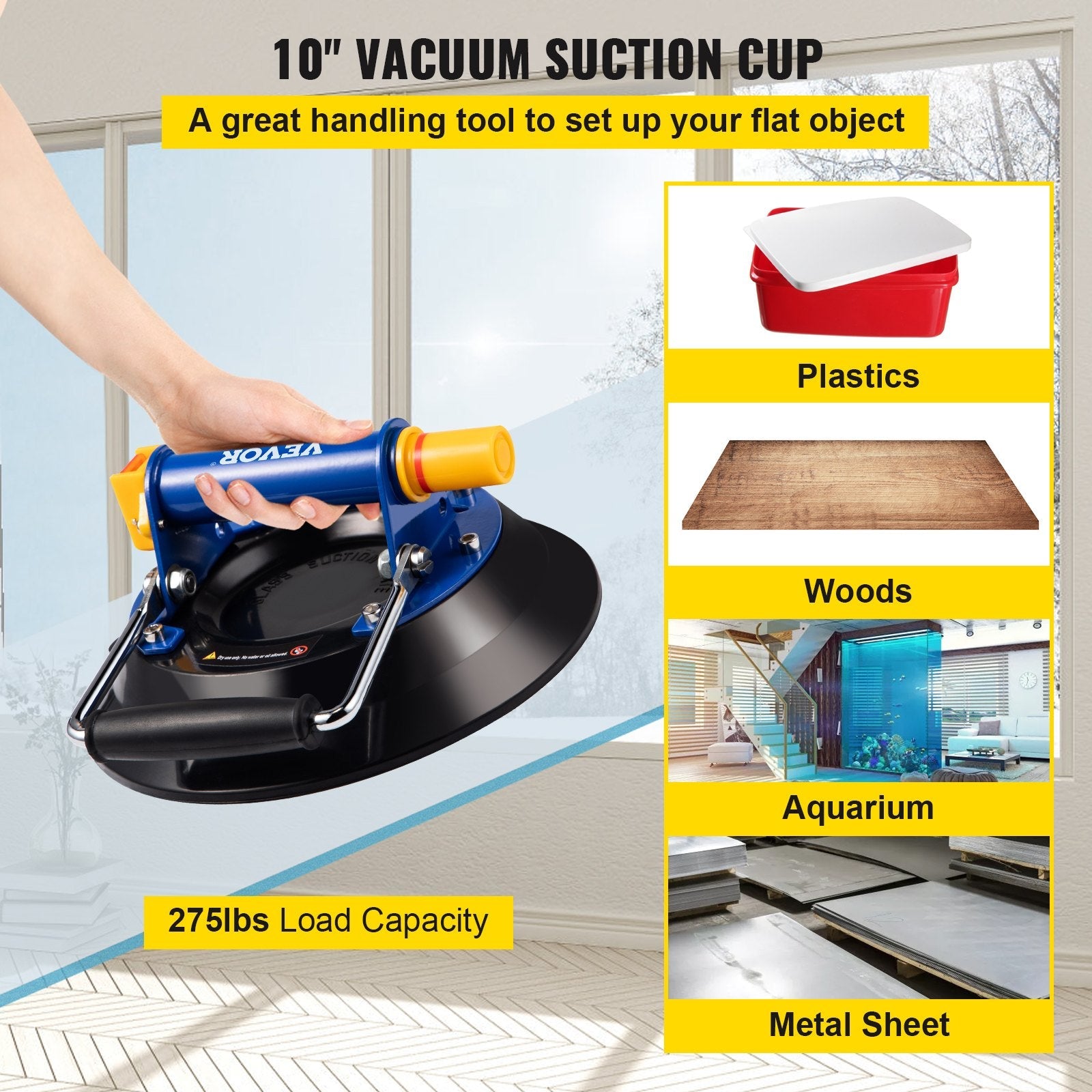 VEVOR Glass Lifting Vacuum Suction Cup, 10\'\' Glass Lifter Suction Cup, 275lbs Load Capacity Glass Lifting Suction Cup, Heavy-Duty Hand-Held Glass Lifter for Moving Large Granite Tile, Replacing Wind