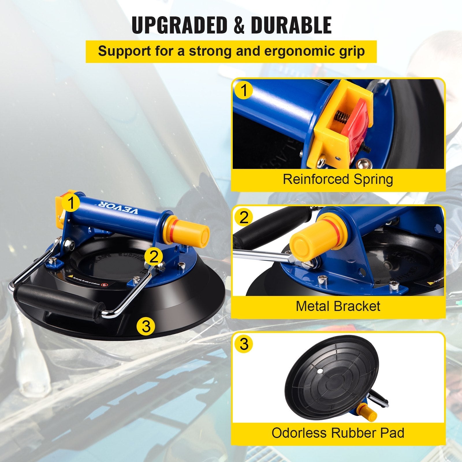 VEVOR Glass Lifting Vacuum Suction Cup, 10\'\' Glass Lifter Suction Cup, 275lbs Load Capacity Glass Lifting Suction Cup, Heavy-Duty Hand-Held Glass Lifter for Moving Large Granite Tile, Replacing Wind