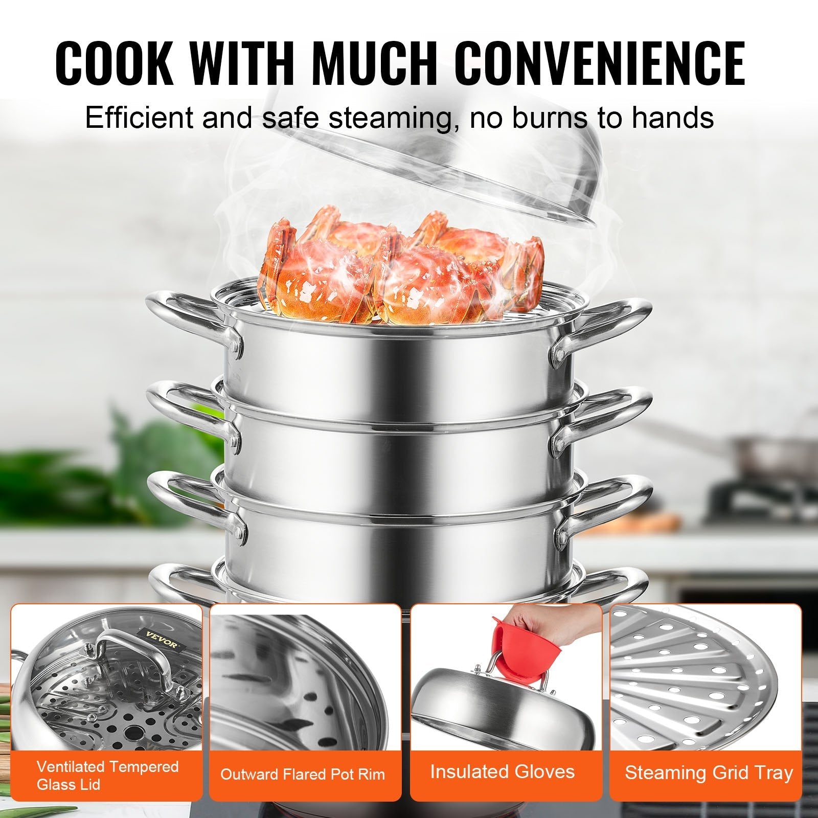 VEVOR 5-Tier Stainless Steel Steamer, 11'' Multi-Layer Cookware Pot with Handles on Both Sides, Work with Gas, Electric, Grill Stove Top, Dia-28cm, Sliver