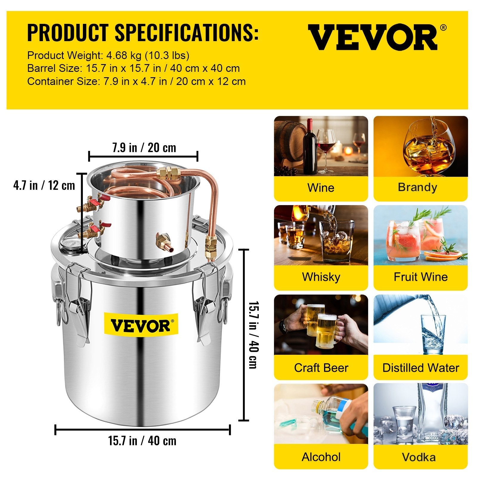 VEVOR Alcohol Still 13.2Gal/50L, Alcohol Distiller with Circulating Pump, Alcohol Still Copper Tube, Whiskey Distilling Kit w/Build-In Thermometer, Whiskey Making Kit for DIY Alcohol, Stainless Steel