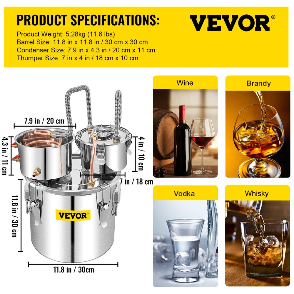 VEVOR Alcohol Still, 5 Gallon, Stainless Steel Alcohol Distiller with Copper Tube & Build-in Thermometer & Water Pump, Double Thumper Keg Home Brewing Kit, for DIY Whiskey Wine Brandy