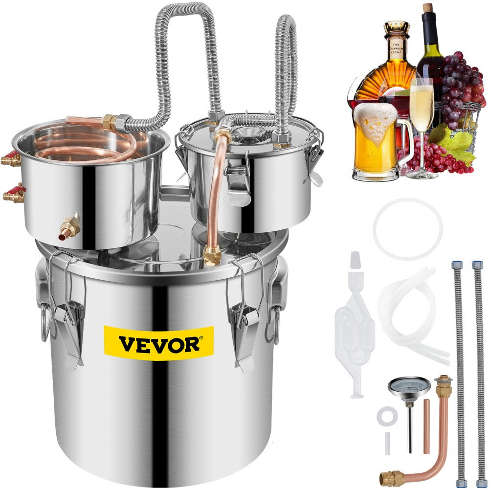 VEVOR Alcohol Still, 5 Gallon, Stainless Steel Alcohol Distiller with Copper Tube & Build-in Thermometer & Water Pump, Double Thumper Keg Home Brewing Kit, for DIY Whiskey Wine Brandy