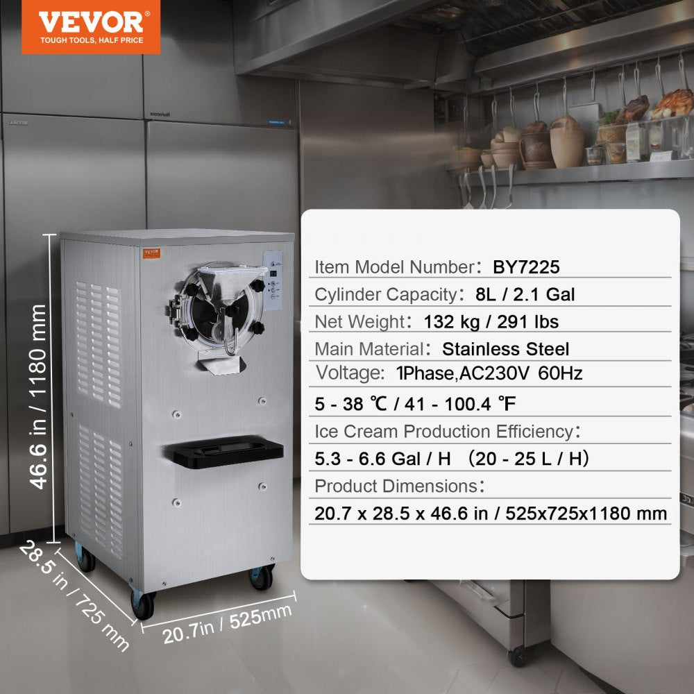 VEVOR Commercial Ice Cream Machine, 20-25L/H Yield, 2400W 1-Flavor Hard Serve Ice Cream Maker, 8L Stainless Steel Cylinder, Digital Display Auto Clean Adjustable Hardness, for Restaurant Snack Bars