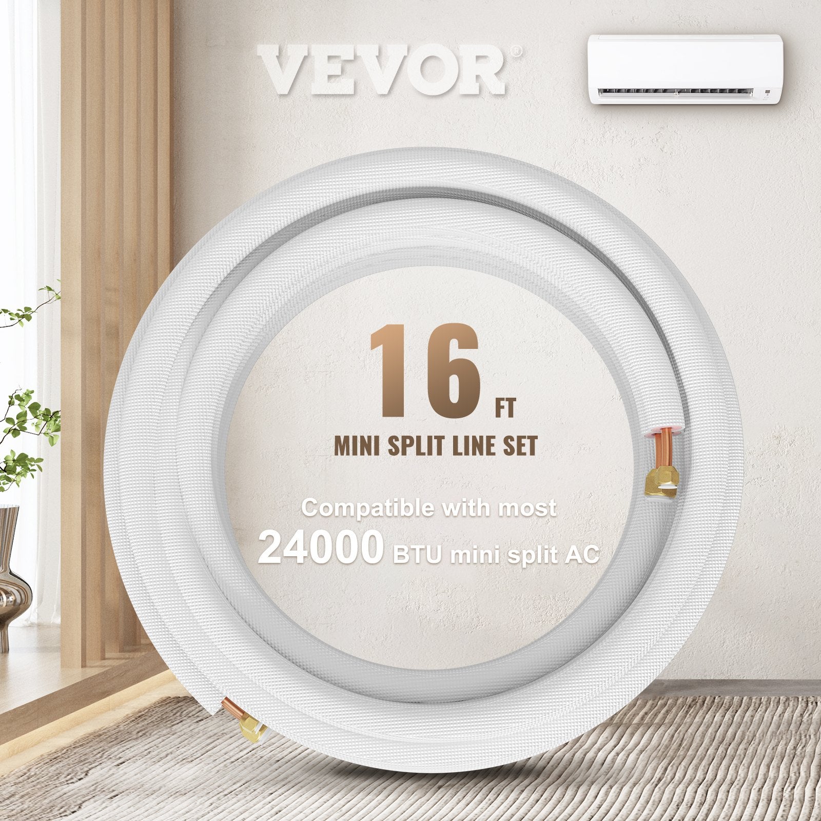 VEVOR Mini Split Copper Line Set 16ft Length, Copper Pipes for Mini Split Air Conditioner 3/8" & 5/8" OD, Flared Copper Lines White, Mini Split Line Set for Heat Pump System Line Set for 24000 BTU