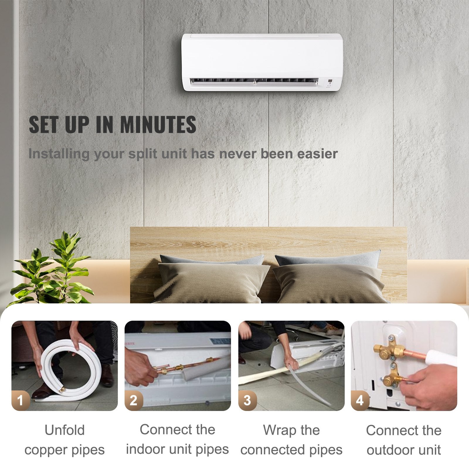 VEVOR Mini Split Copper Line Set 16ft Length, Copper Pipes for Mini Split Air Conditioner 3/8" & 5/8" OD, Flared Copper Lines White, Mini Split Line Set for Heat Pump System Line Set for 24000 BTU