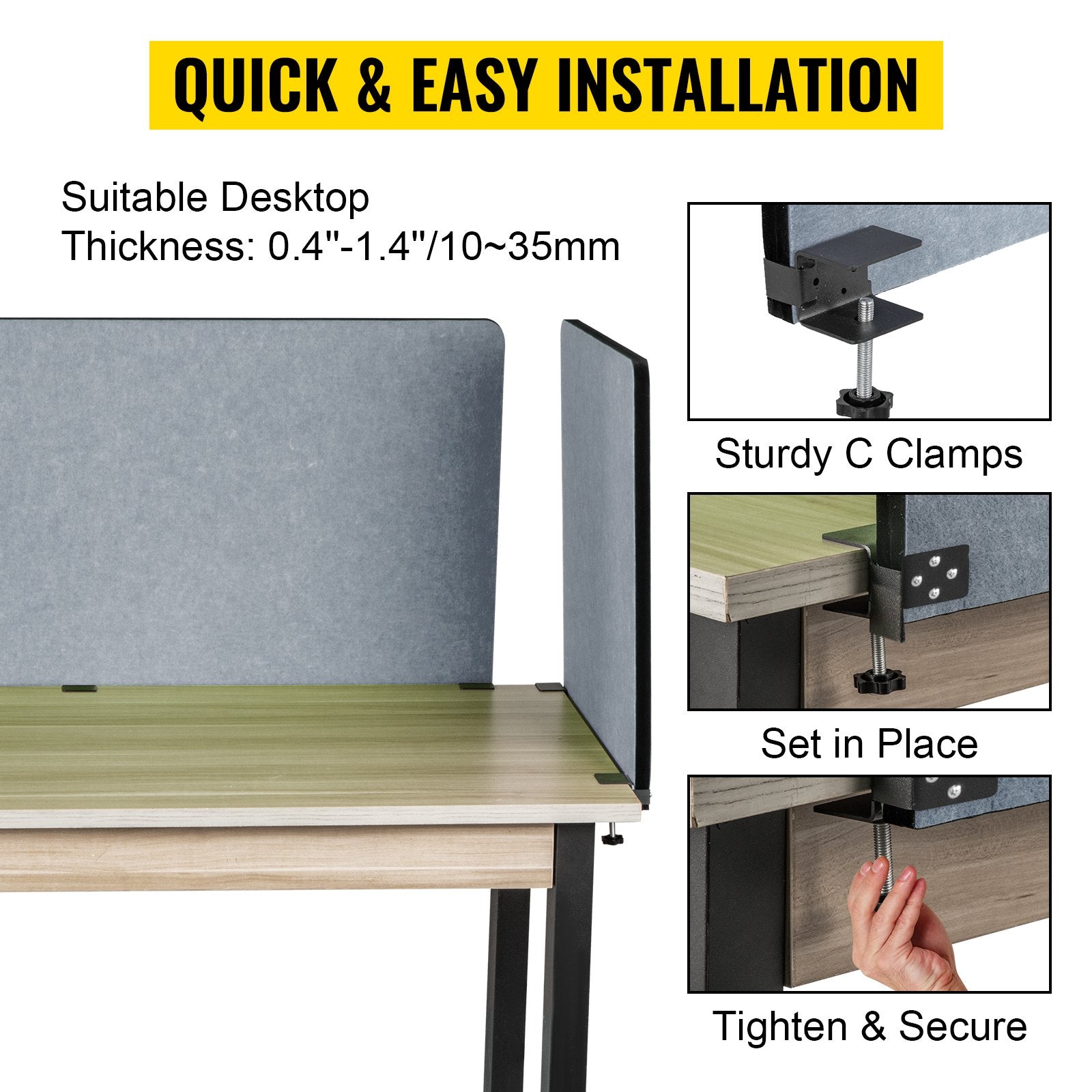 VEVOR Desk Divider 60'' Desk Privacy Panel, 3 Panels Privacy Acoustic Panel, Sound Absorbing Acoustic Privacy Panel, Reduce Noise and Visual Distractions, Lightweight Clamp-on Divider Light Gray