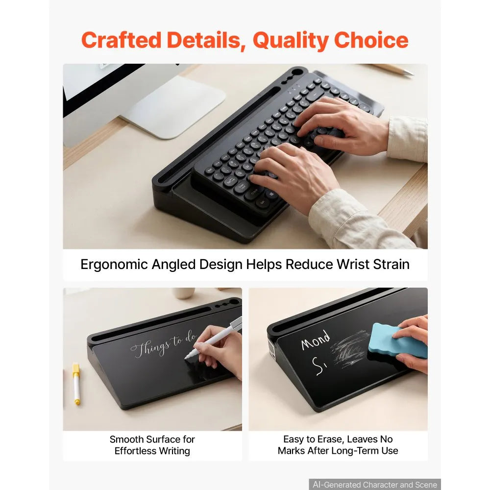 Desktop Glass Dry Erase Board with Storage Organizer & Keyboard Stand, Black, 15.8" x 7.1"