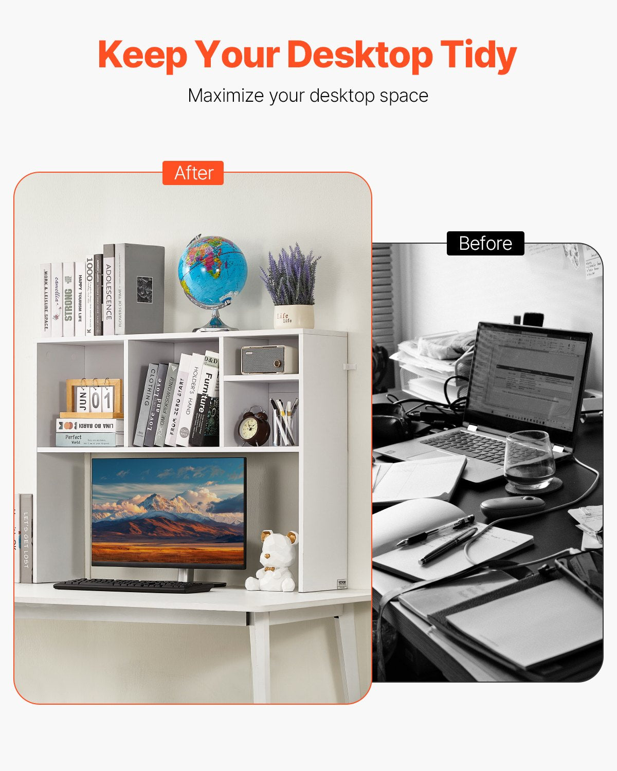 VEVOR Desktop Bookshelf White Desktop Storage Organizer 1-Tier for Office & Home