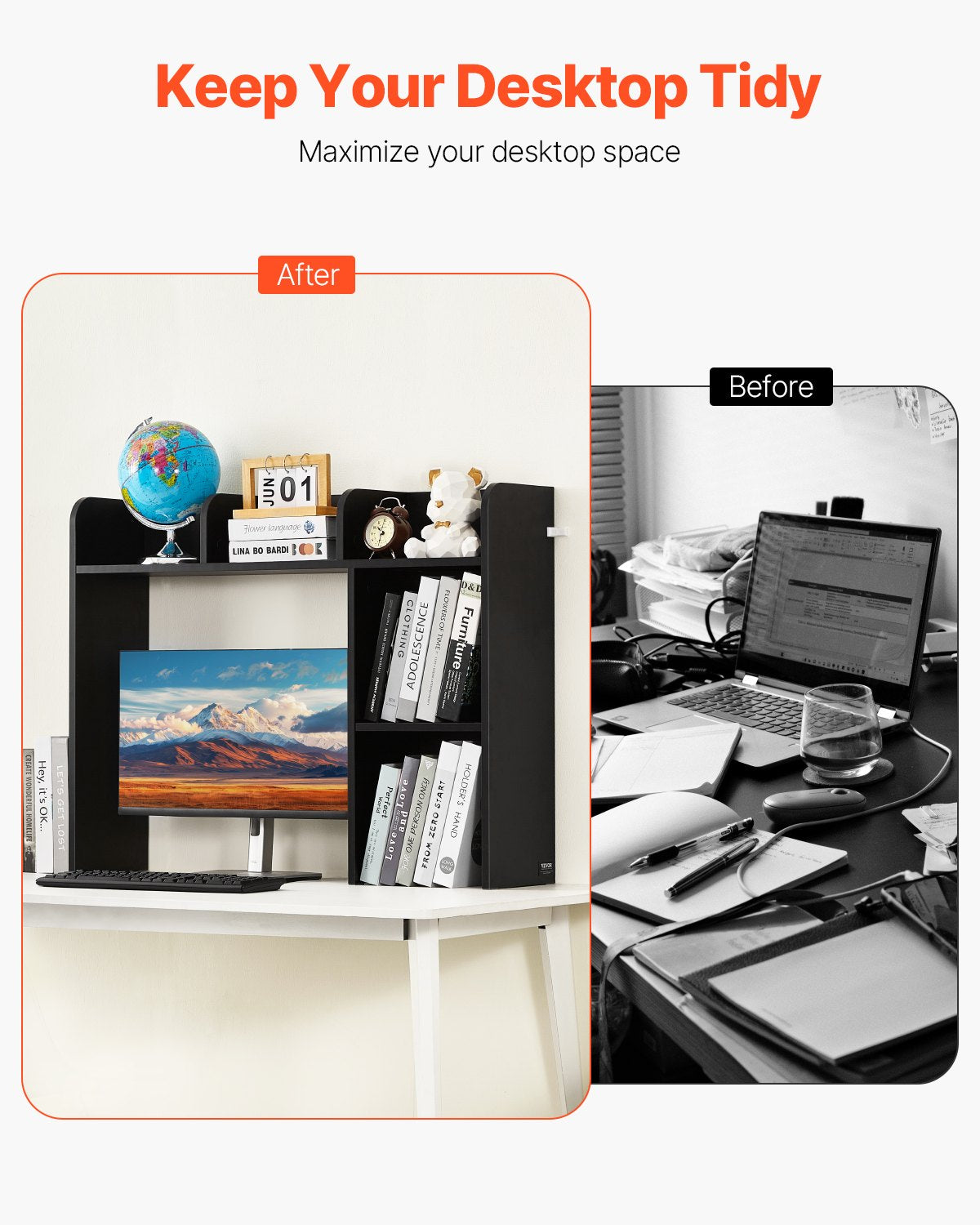 VEVOR Desktop Bookshelf Black Desktop Storage Organizer 2-Tier for Office & Home