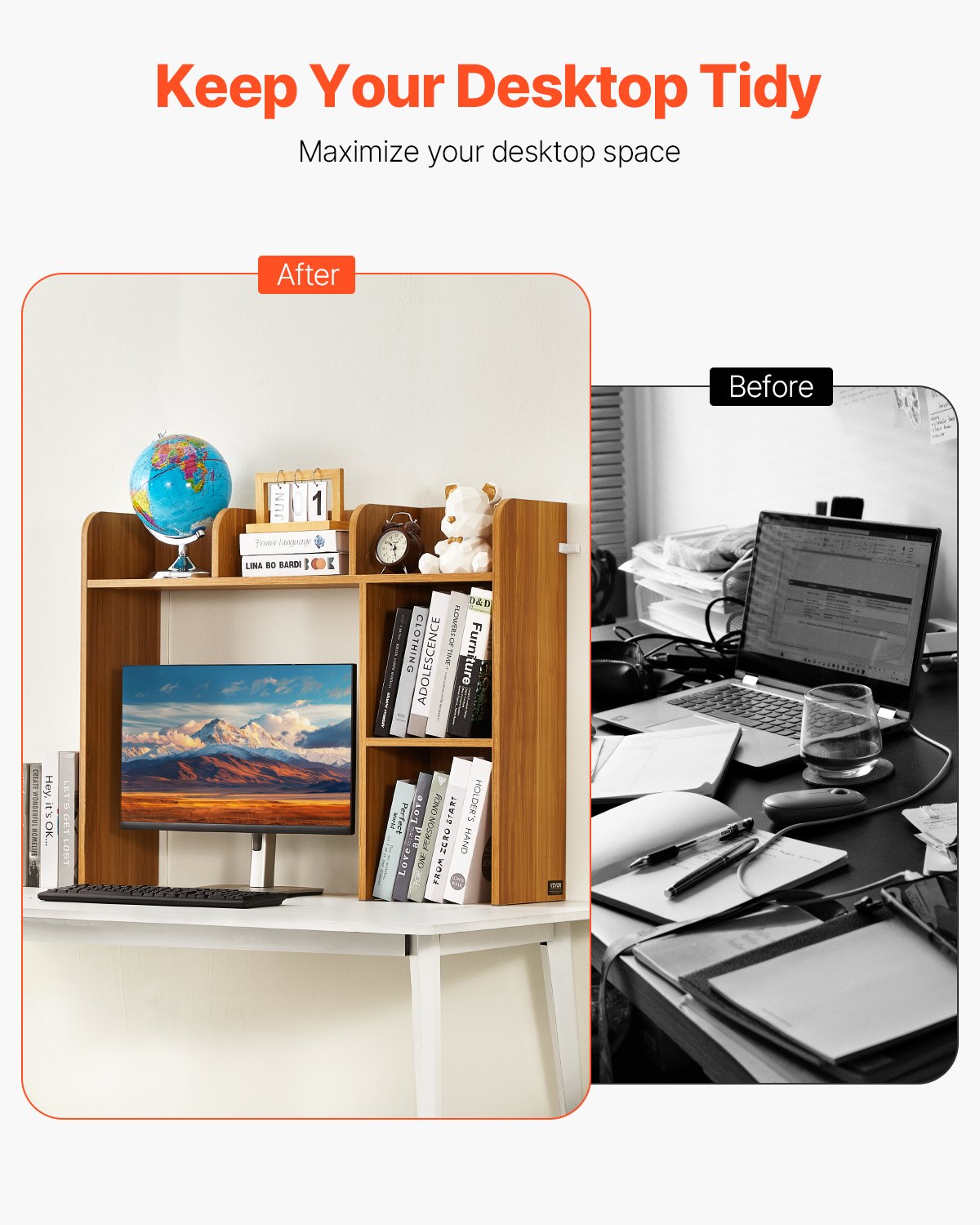 VEVOR Desktop Bookshelf Wood Desktop Storage Organizer 2-Tier for Office & Home