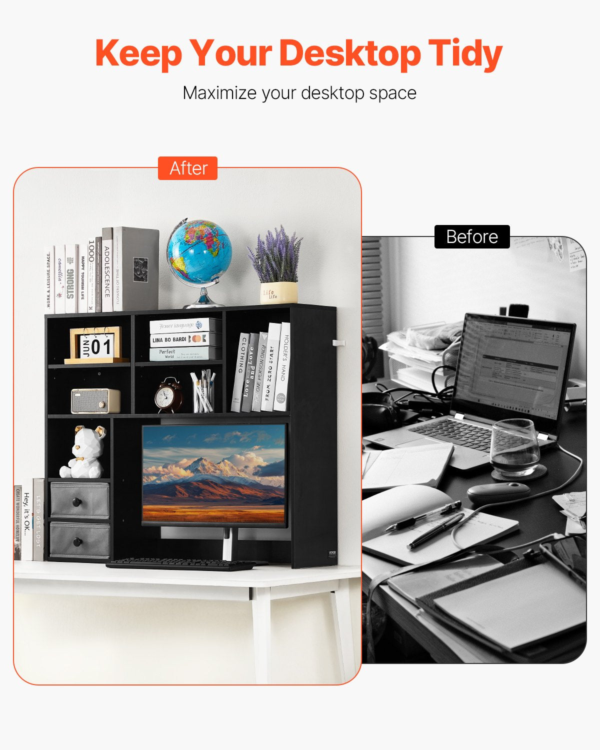 VEVOR Desktop Bookshelf Black Desktop Storage Organizer 3-Tier for Office & Home