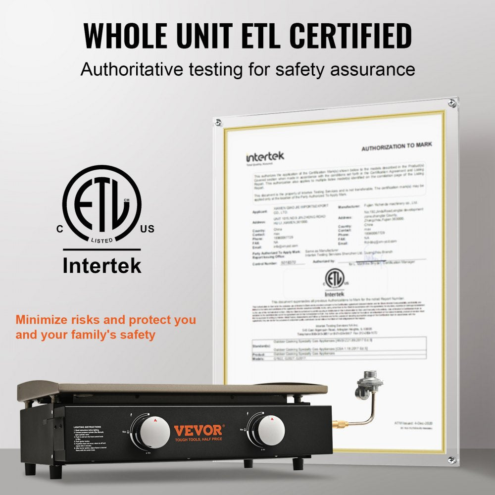 VEVOR Commercial Griddle, 22.4" Heavy Duty Manual Flat Top Griddle, Countertop Gas Grill with Non-Stick Cooking Plate, Steel LPG Gas Griddle, H-Shaped Burner Restaurant Portable Grill - 22,000 BT