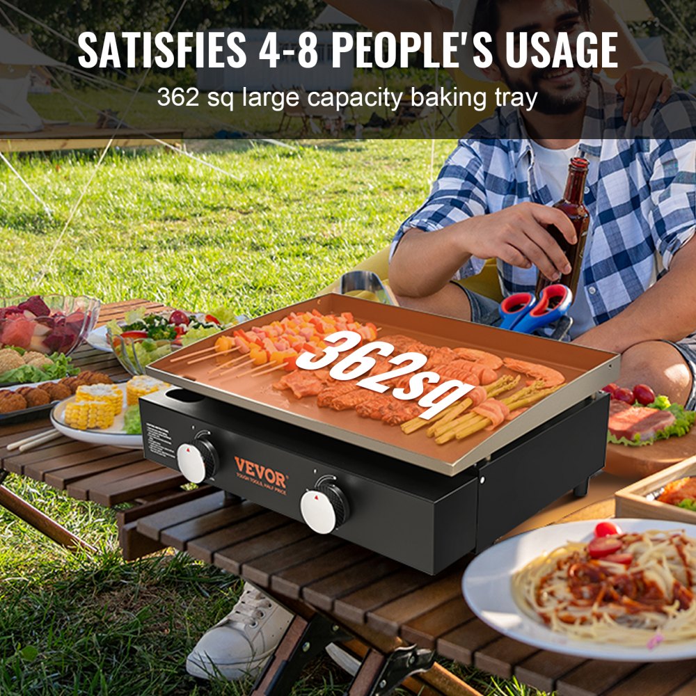 VEVOR Commercial Griddle, 22.4" Heavy Duty Manual Flat Top Griddle, Countertop Gas Grill with Non-Stick Cooking Plate, Steel LPG Gas Griddle, H-Shaped Burner Restaurant Portable Grill - 22,000 BT