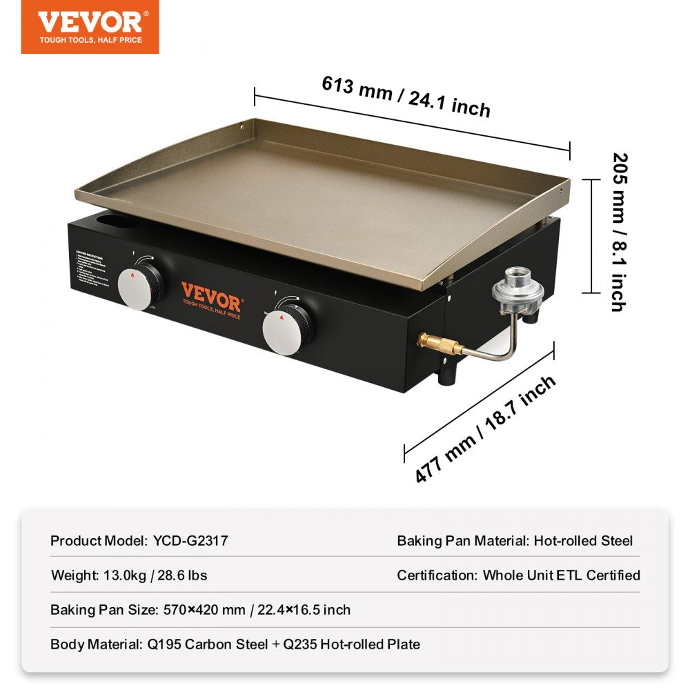 VEVOR Commercial Griddle, 22.4" Heavy Duty Manual Flat Top Griddle, Countertop Gas Grill with Non-Stick Cooking Plate, Steel LPG Gas Griddle, H-Shaped Burner Restaurant Portable Grill - 22,000 BT