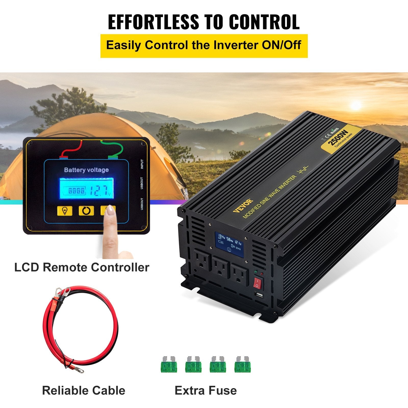 VEVOR Power Inverter, 2500W Modified Sine Wave Inverter, DC 12V to AC 120V Car Converter, with LCD Display, Remote Controller, LED Indicator, AC Outlets Inverter for Truck RV Car Boat Travel Camping