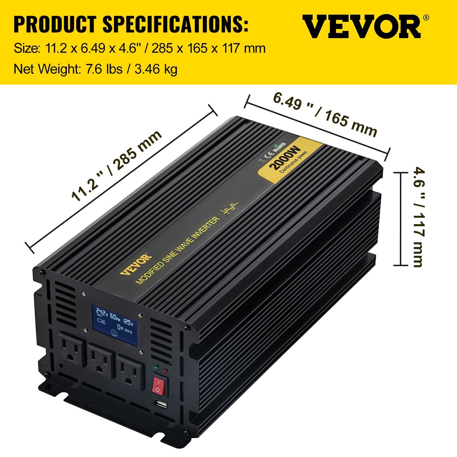 VEVOR Power Inverter, 2000W Modified Sine Wave Inverter, DC 24V to AC 120V Car Converter, with LCD Display, Remote Controller, LED Indicator, AC Outlets Inverter for Truck RV Car Boat Travel Camping