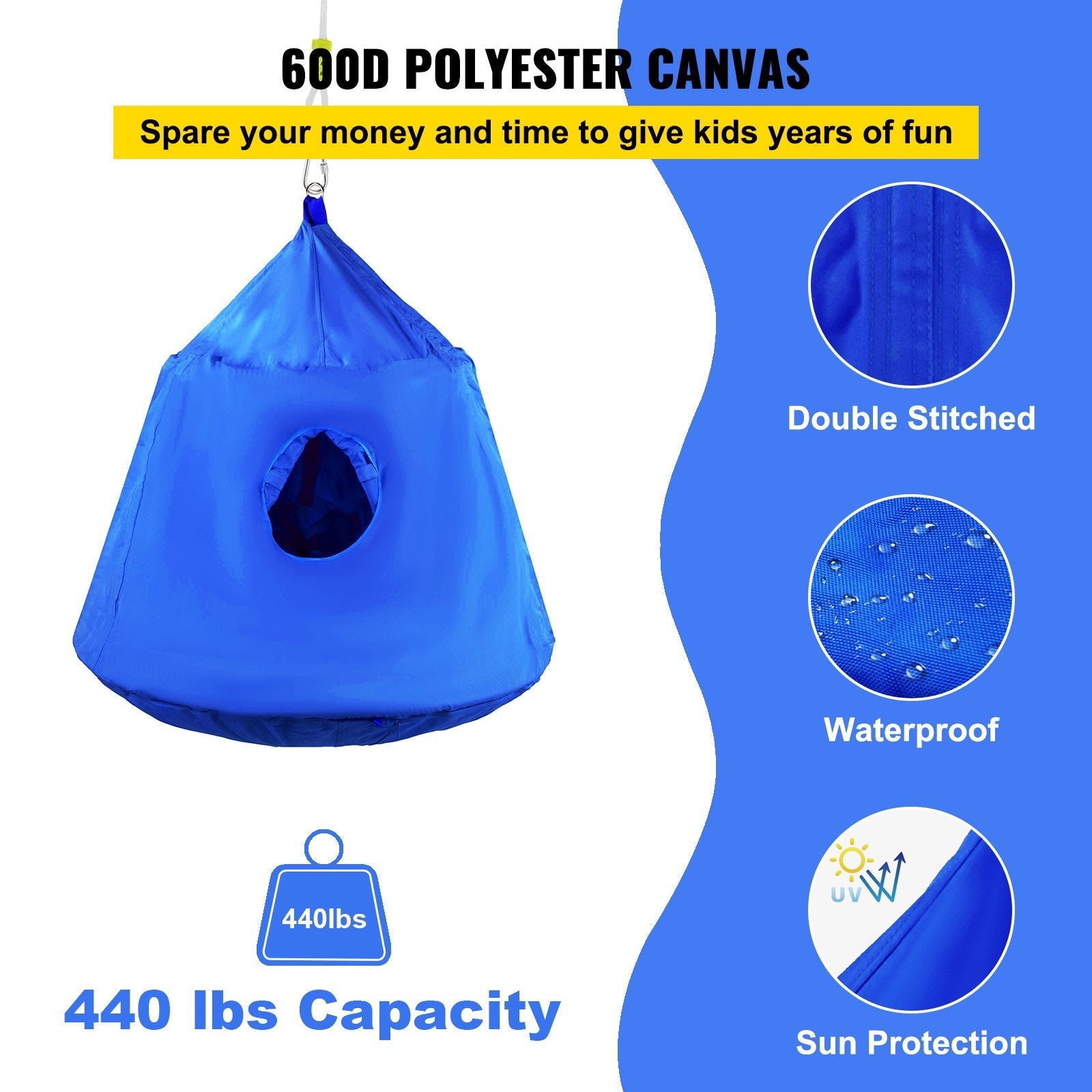 VEVOR Hanging Tree Tent, Max. 440lbs Capacity Tree Tent Swing, Hangout Hugglepod with LED Rainbow Decoration Lights Inflatable Cushion, Ceiling Hammock Tent Suit for Kids & Adult Indoor Outdoor, Blue