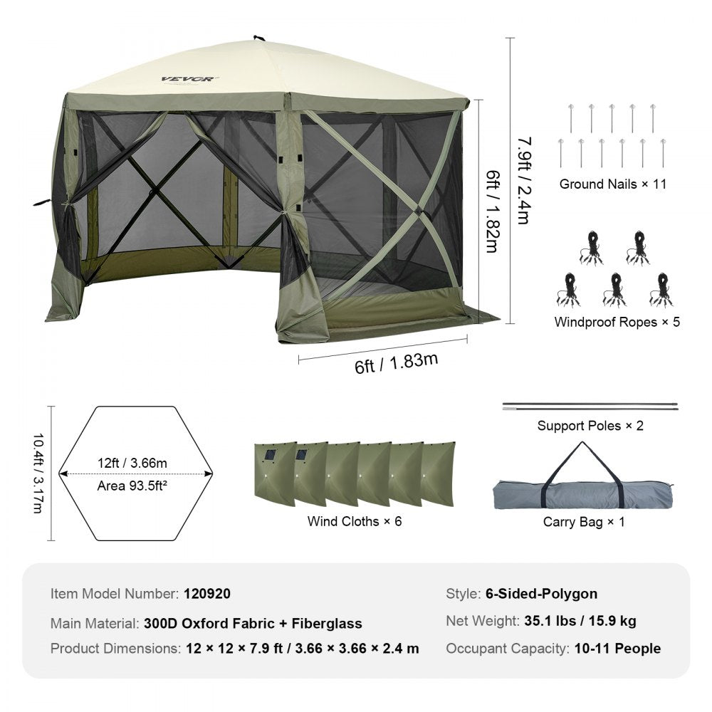VEVOR Pop Up Gazebo Tent, Pop-Up Screen Tent 6 Sided Canopy Sun Shelter with 6 Removable Privacy Wind Cloths & Mesh Windows, 12x12FT Quick Set Screen Tent with Mosquito Netting, Army Green