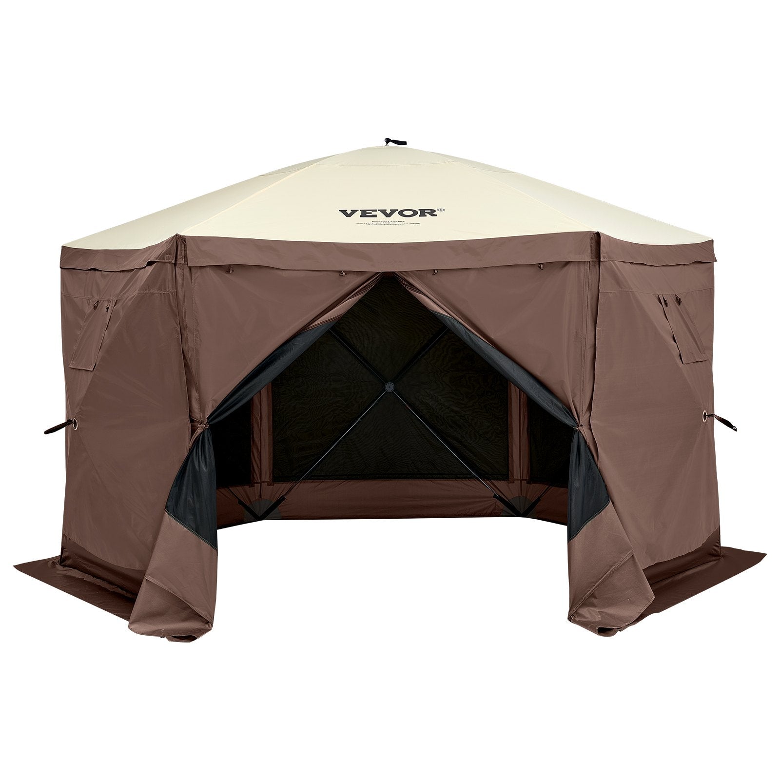 VEVOR Pop Up Gazebo Tent, Pop-Up Screen Tent 6 Sided Canopy Sun Shelter with 6 Removable Privacy Wind Cloths & Mesh Windows, 12.5x12.5FT Quick Set Screen Tent with Mosquito Netting, Brown