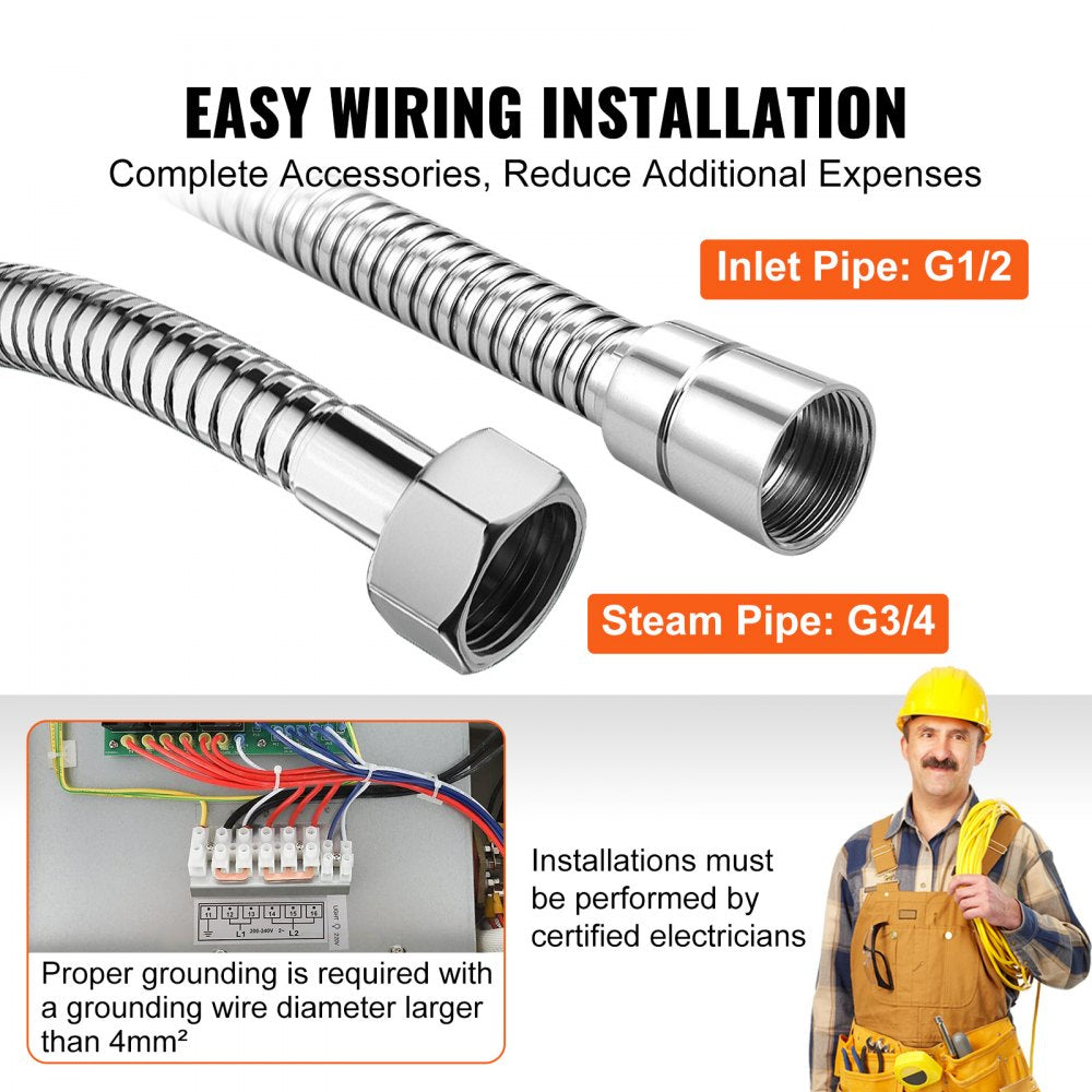 VEVOR Steam Shower Generator, 10.5 kW, Segmented Heating & Temperature Customization & 24h Timer Steam Bath Kit, Automatic Drainage Luxury Home Steam Shower System, Acrylic Room Max. 355 Cu. Ft.