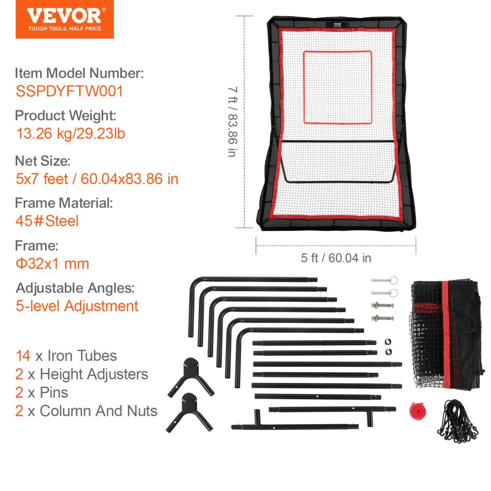VEVOR Lacrosse Rebounder for Backyard, 5x7 Ft Volleyball Bounce Back Net, Pitchback Throwback Baseball Softball Return Training Screen, Adjustable Angle Shooting Practice Training Wall with Target
