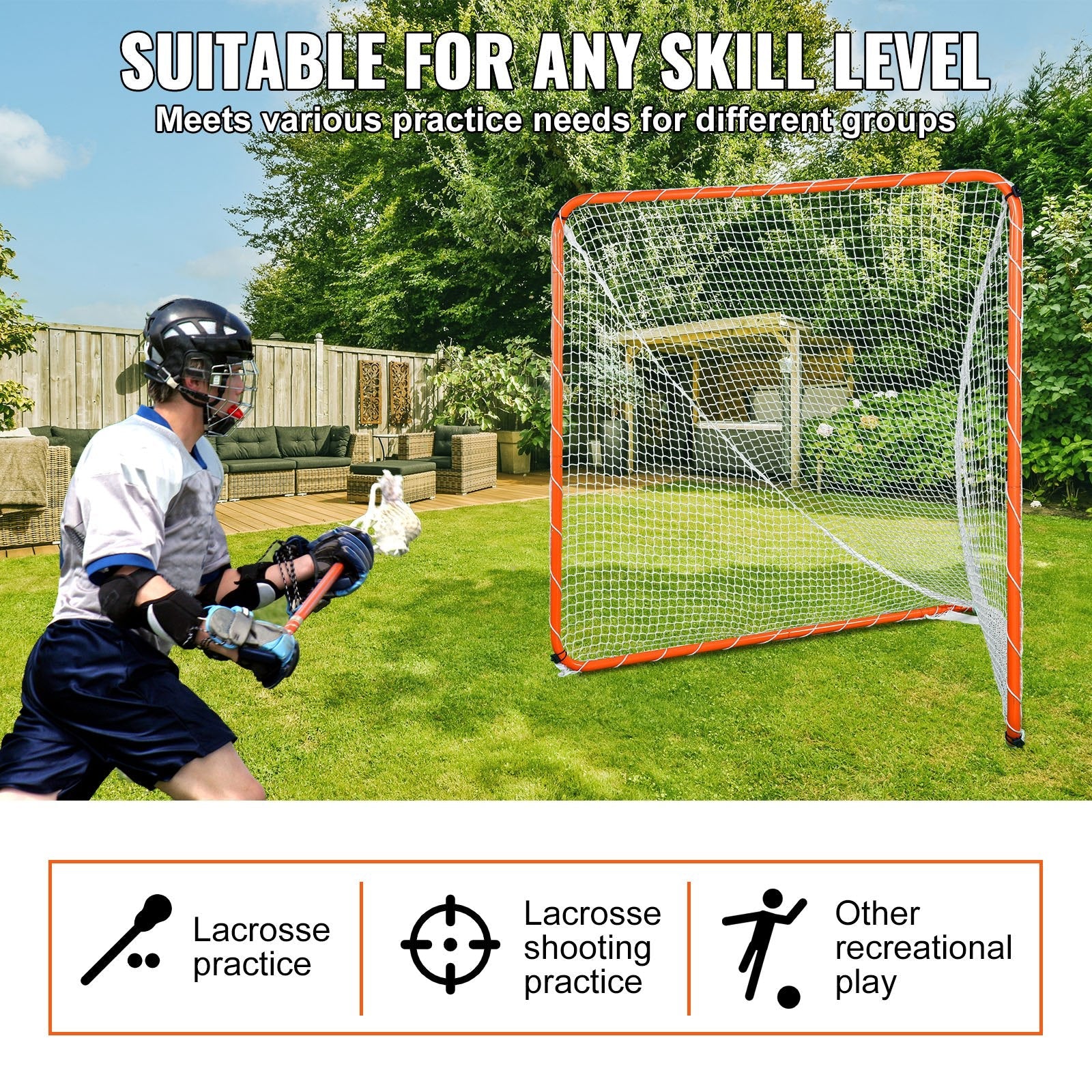 VEVOR Lacrosse Goal, 6' x 6' Lacrosse Net, Steel Frame Backyard Lacrosse Training Equipment, Portable Lacrosse Goal with Carry Bag, Quick & Easy Setup, Perfect for Youth Adult Training, Orange