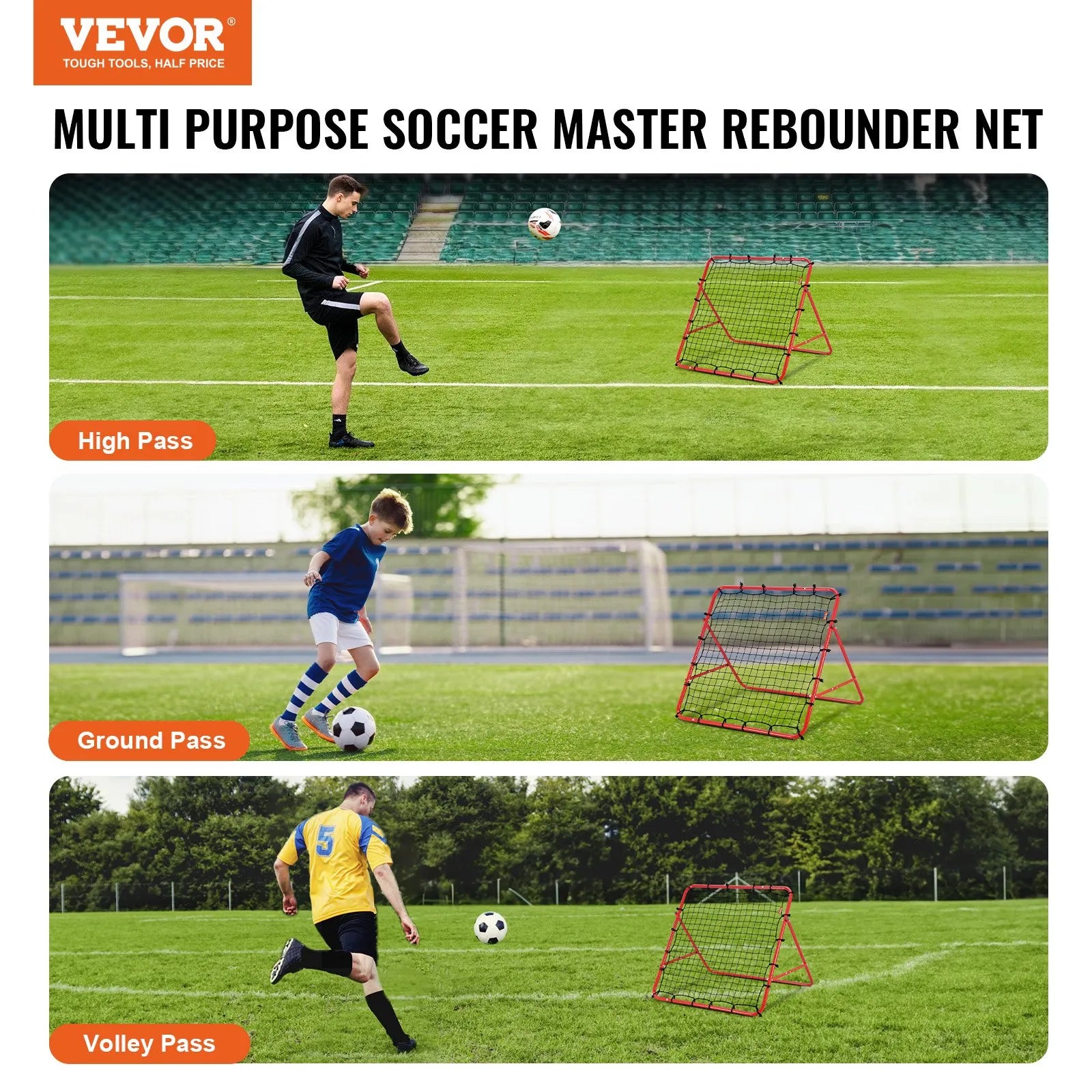 VEVOR Soccer Rebounder Rebound Net, Kick-Back 39"x39", Portable Football Training Gifts, Fully Adjustable Angles Goal Net, Aids & Equipment for Kids Teens & All Ages, Easy Set Up & Perfect Storage