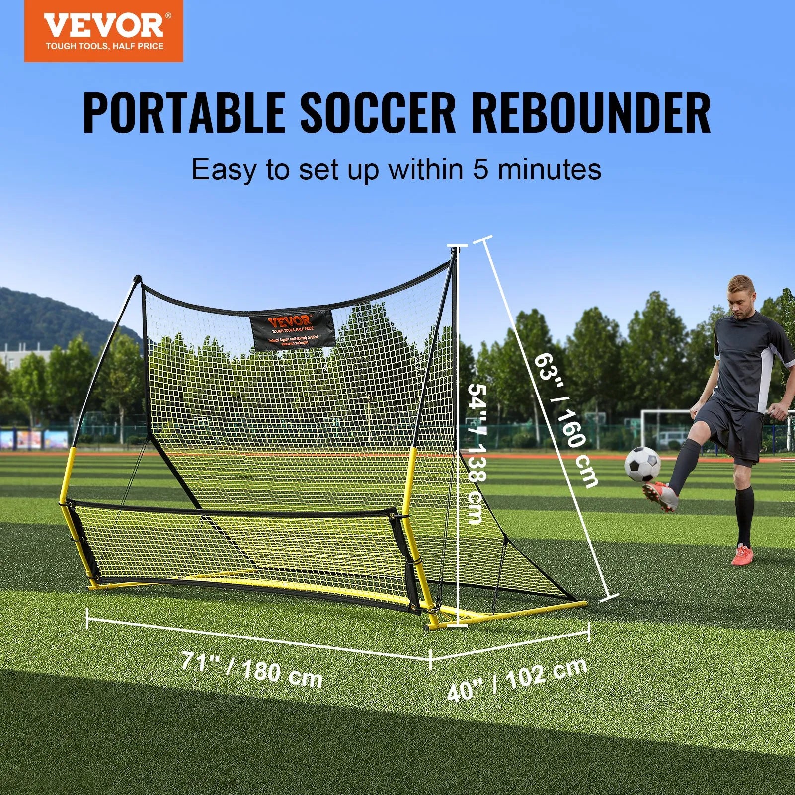 VEVOR Soccer Trainer, 2-IN-1 Portable Soccer Rebounder Net, 72"x51" Iron Soccer Practice Equipment, Sports Football Rebounder Wall with Portable Bag, Perfect for Team Solo Training, Passing, Volley
