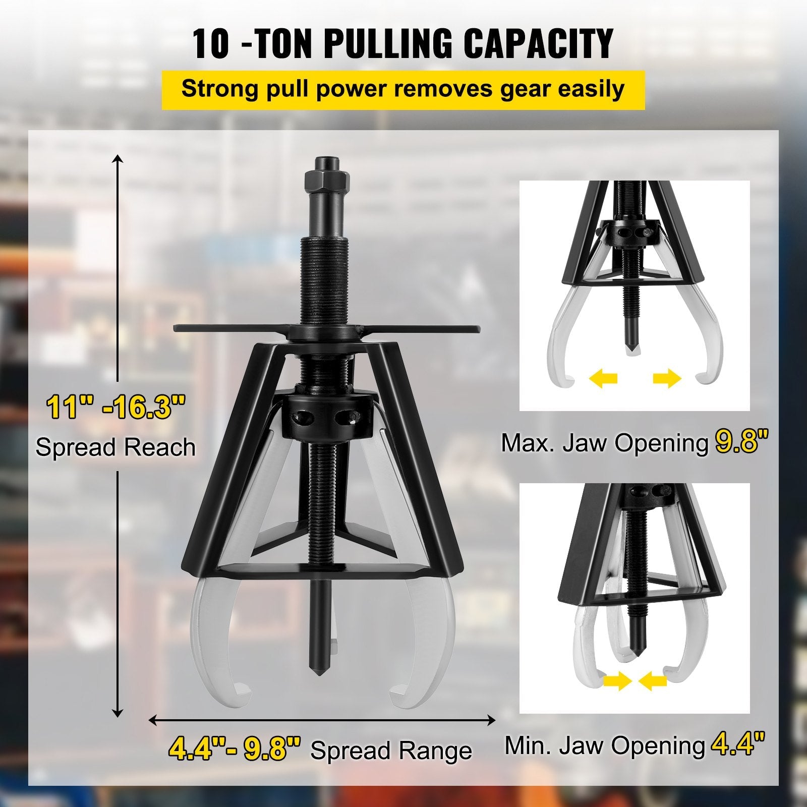 VEVOR 3 Jaw Gear Puller, 10 Ton/22040 LBS Capacity Manual Puller,11\" -16.3\" Spread Reach and 4.4\"- 9.8\" Spread Range, 14.5\" Lead Screw Length Gear Removal Tools For Slide Gears, Pulleys, and Flyw