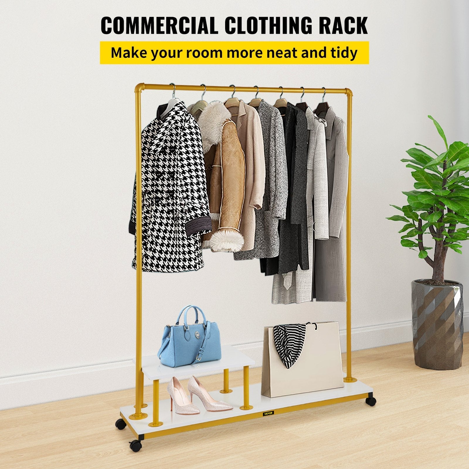 VEVOR Clothing Garment Rack, 47.2"x14.2"x63.0", Heavy-Duty Clothes Rack w/Bottom Shelf & Side Shelf, 4 Swivel Casters, Sturdy Steel Frame, Rolling Clothes Organizer for Retail Store Boutique, Gold