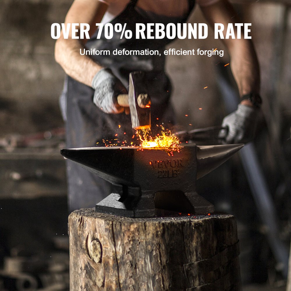 VEVOR Single Horn Anvil, 22Lbs Cast Steel Anvil, High Hardness Rugged Round Horn Anvil Blacksmith, Large Countertop and Stable Base, with Round and Square Hole, Metalsmith Tool for Bending and Shaping