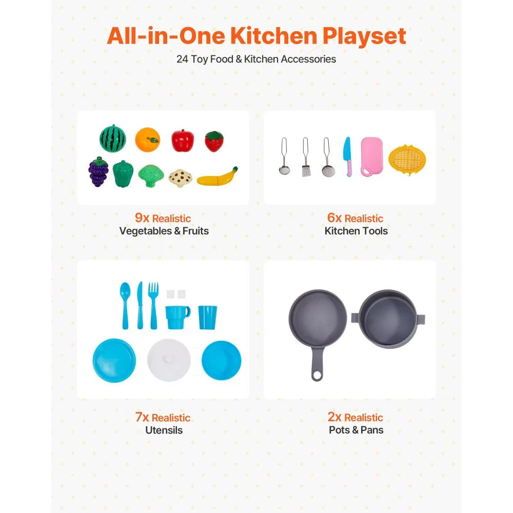 VEVOR Kitchen Playset Kids Pretend Cooking Play Toy 24 Piece Accessories Pink