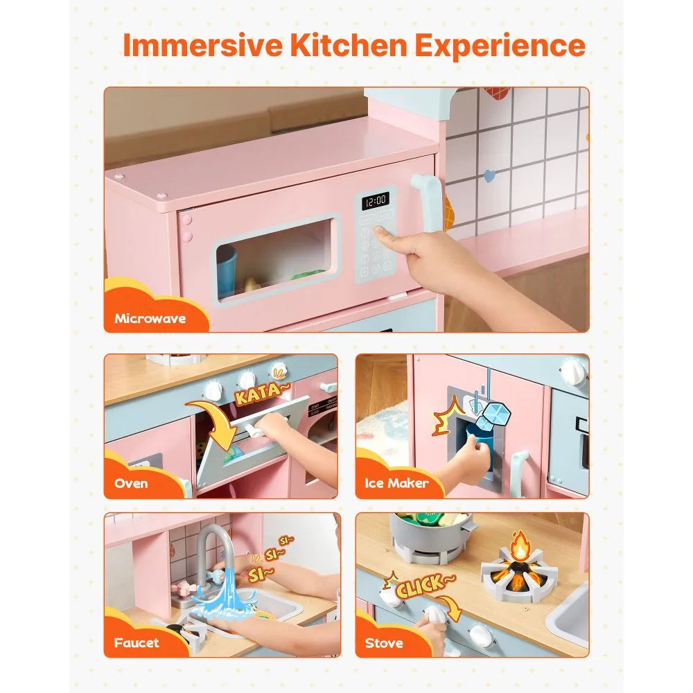 VEVOR Kitchen Playset Kids Pretend Cooking Play Toy 24 Piece Accessories Pink