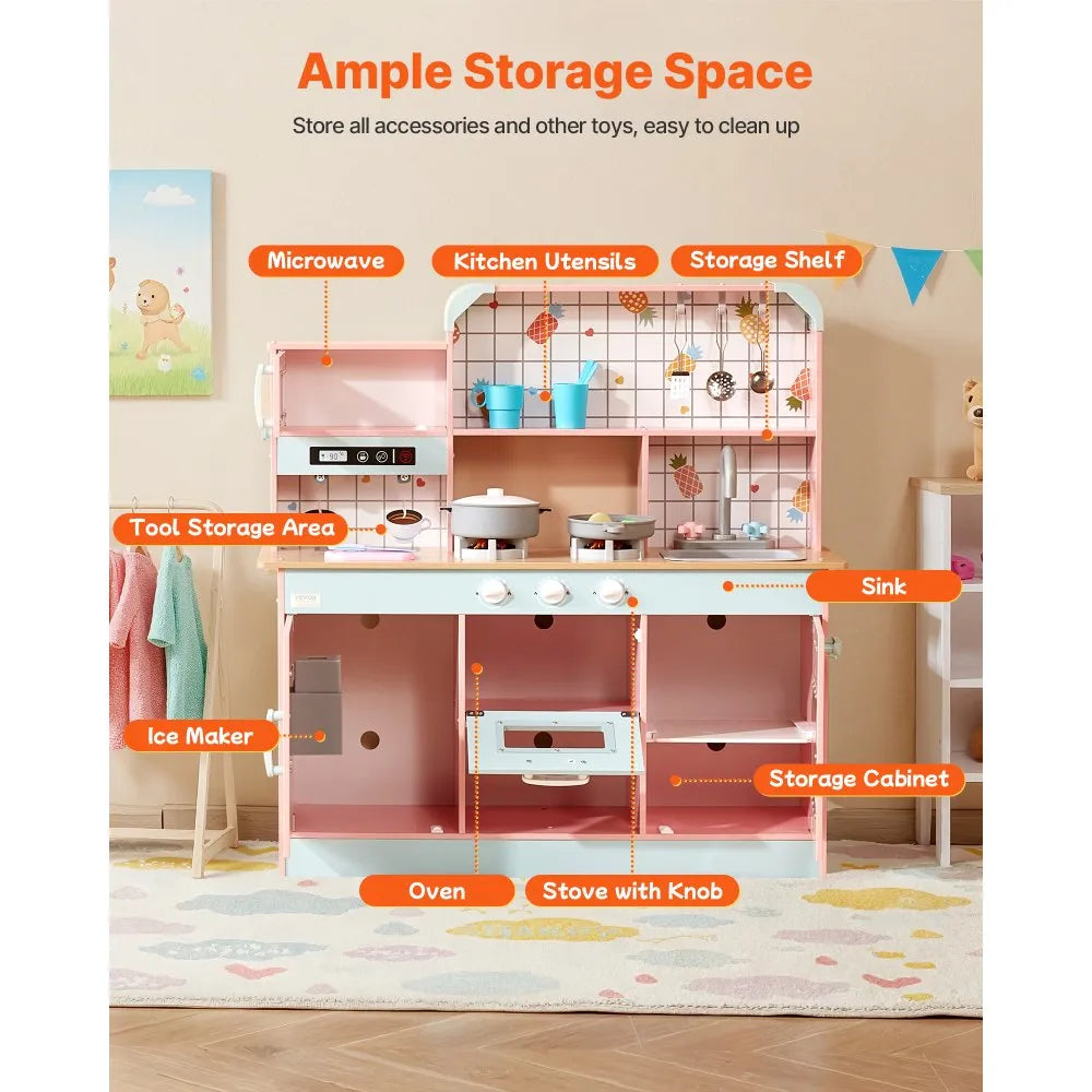 VEVOR Kitchen Playset Kids Pretend Cooking Play Toy 24 Piece Accessories Pink