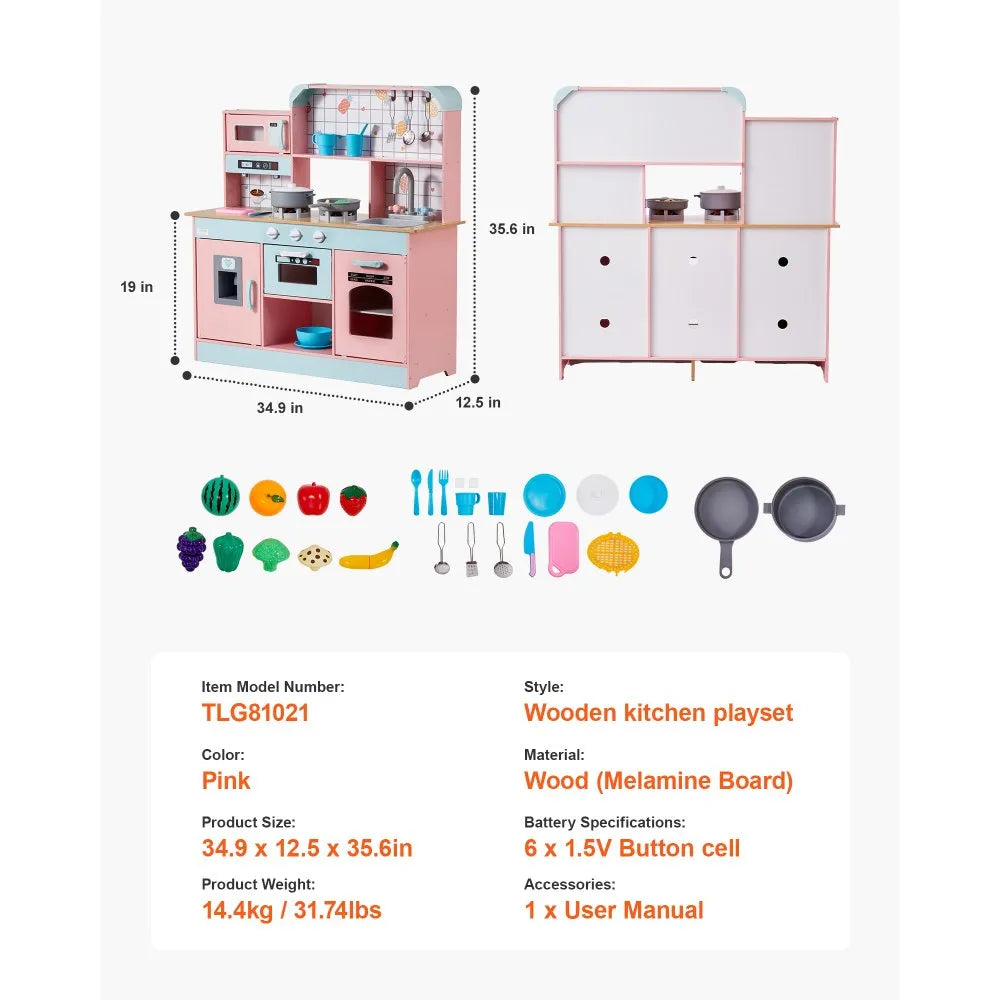 VEVOR Kitchen Playset Kids Pretend Cooking Play Toy 24 Piece Accessories Pink