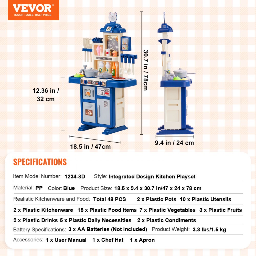 VEVOR Kitchen Playset Kids Pretend Cooking Play Toy 48 Piece Accessories Blue