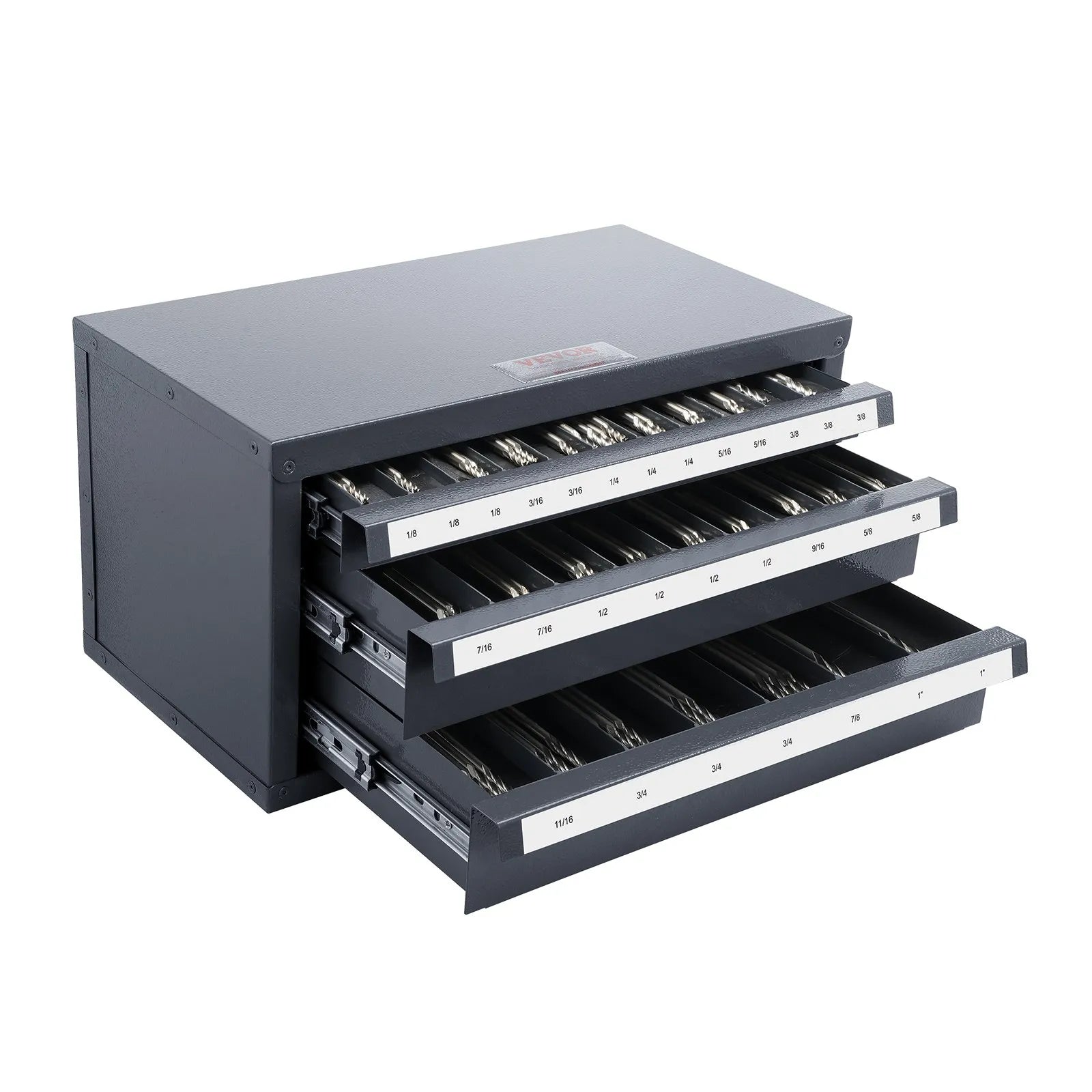 VEVOR End Mill Dispenser Cabinet, Three-Drawer End Mill Organizer Cabinet for 1/8" to 1", Steel End Mill Dispenser Organizer Cabinet with Labels, 29-Compartment Stackable for End Mill Storage