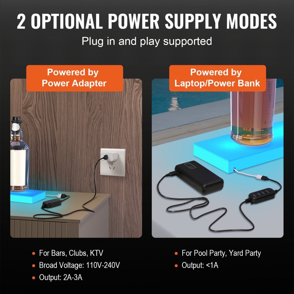 VEVOR LED Lighted Liquor Bottle Display, 1 Tier 24 Inches, Supports USB, Illuminated Home Bar Shelf with RF Remote & App Control 7 Static Colors 1-4 H Timing, Acrylic Lighting Shelf for 6 Bottles