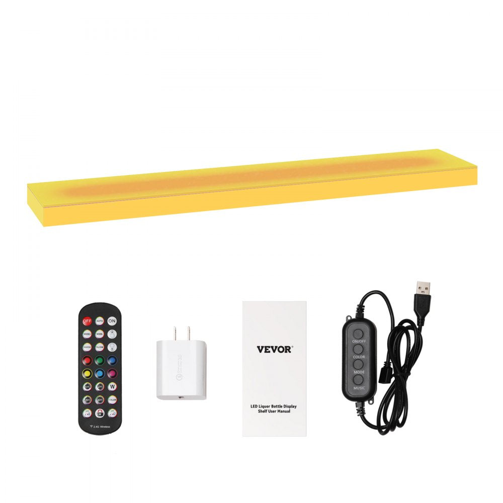 VEVOR LED Lighted Liquor Bottle Display, 1 Tier 24 Inches, Supports USB, Illuminated Home Bar Shelf with RF Remote & App Control 7 Static Colors 1-4 H Timing, Acrylic Lighting Shelf for 6 Bottles