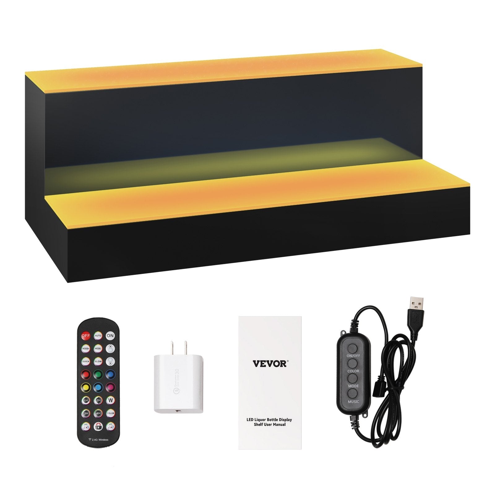 VEVOR LED Lighted Liquor Bottle Display, 2 Tiers 16 Inches, Supports USB, Illuminated Home Bar Shelf with RF Remote & App Control 7 Static Colors 1-4 H Timing, Acrylic Lighting Shelf for 8 Bottles