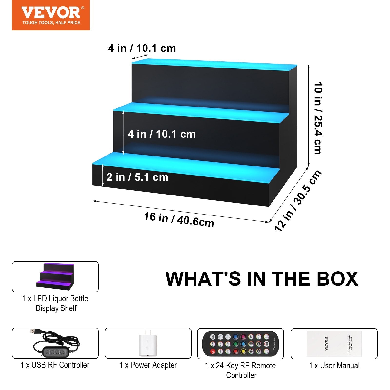 VEVOR LED Lighted Liquor Bottle Display, 3 Tiers 16 Inches, Supports USB, Illuminated Home Bar Shelf with RF Remote & App Control 7 Static Colors 1-4 H Timing, Acrylic Lighting Shelf for 12 Bottles