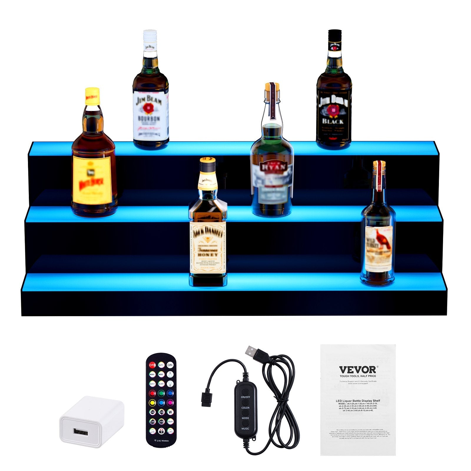 VEVOR LED Lighted Liquor Bottle Display, 3 Tiers 30 Inches, Illuminated Home Bar Shelf with RF Remote & App Control 7 Static Colors 1-4 H Timing, Acrylic Drinks Lighting Shelf for Holding 24 Bottles