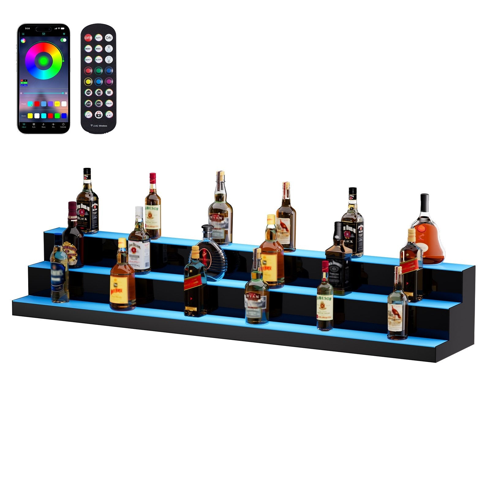 VEVOR LED Lighted Liquor Bottle Display, 3 Tiers 60 Inches, Illuminated Home Bar Shelf with RF Remote & App Control 7 Static Colors 1-4 H Timing, Acrylic Drinks Lighting Shelf for Holding 54 Bottles