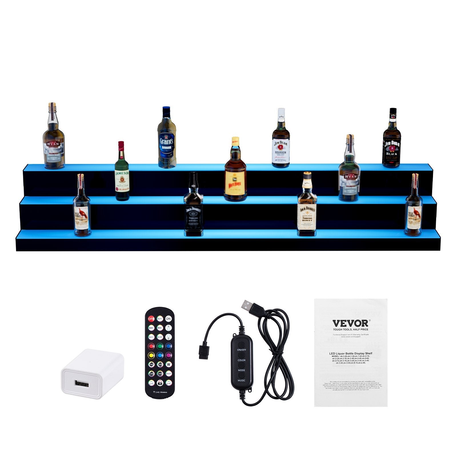 VEVOR LED Lighted Liquor Bottle Display, 3 Tiers 60 Inches, Illuminated Home Bar Shelf with RF Remote & App Control 7 Static Colors 1-4 H Timing, Acrylic Drinks Lighting Shelf for Holding 54 Bottles