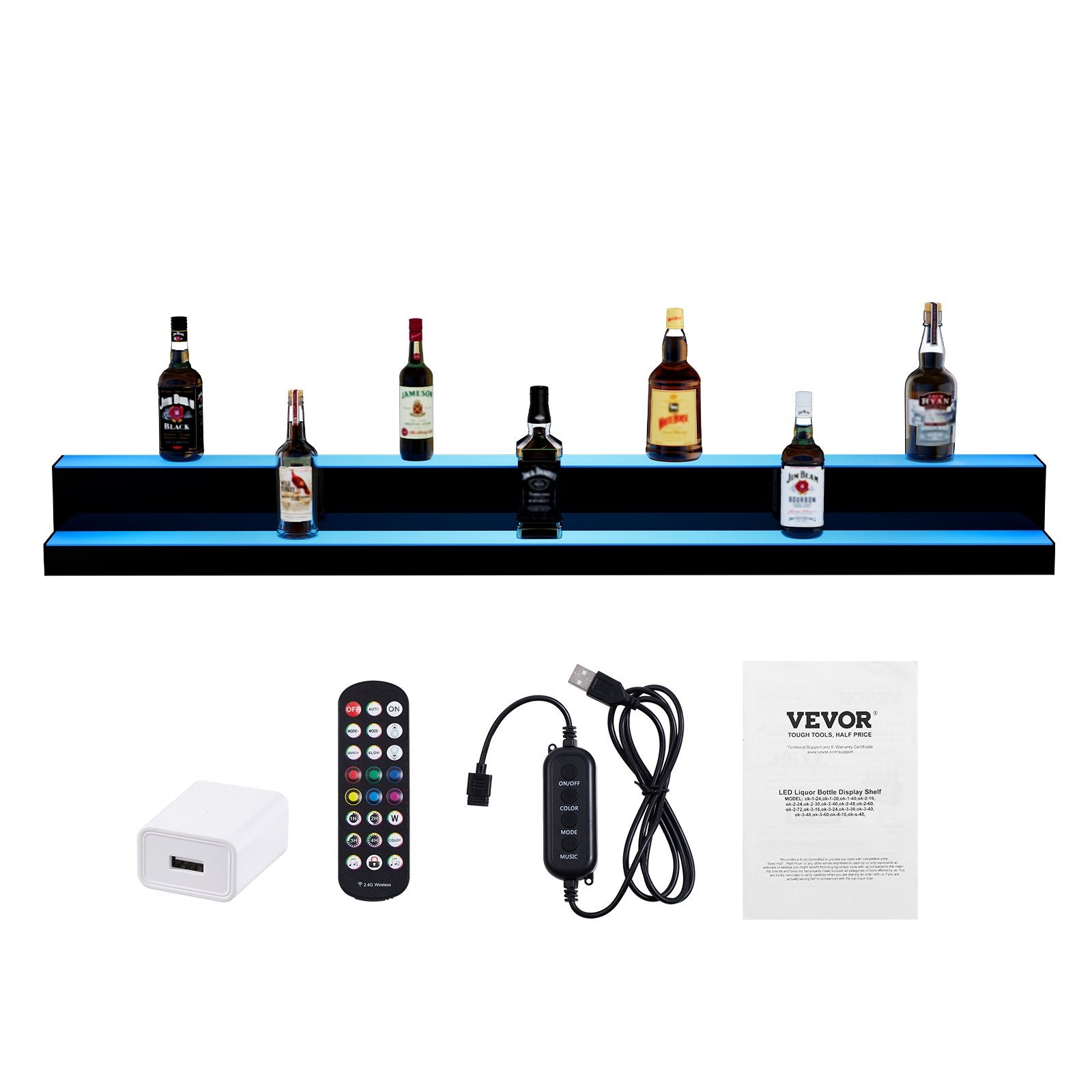 VEVOR LED Lighted Liquor Bottle Display Bar Shelf RF & App Control 60" 2-Step