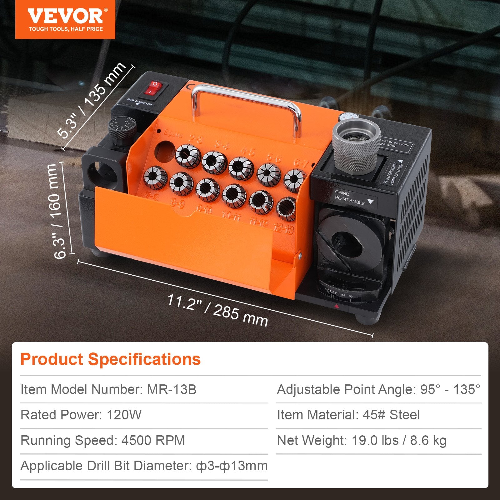 VEVOR Drill Bits Sharpener, 3-13mm Bits Grinder Sharpener, Lip Relief Angle & 95°-135° Point Angle Adjustable Drill Bit Re-Sharpener, Portable Sharpening Machine with 11 Collets, CBN & SDC Wheel